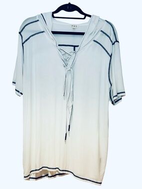 POL Lace-Up V-Neck Hooded Tunic in White with Navy Blue Contrast Stitching